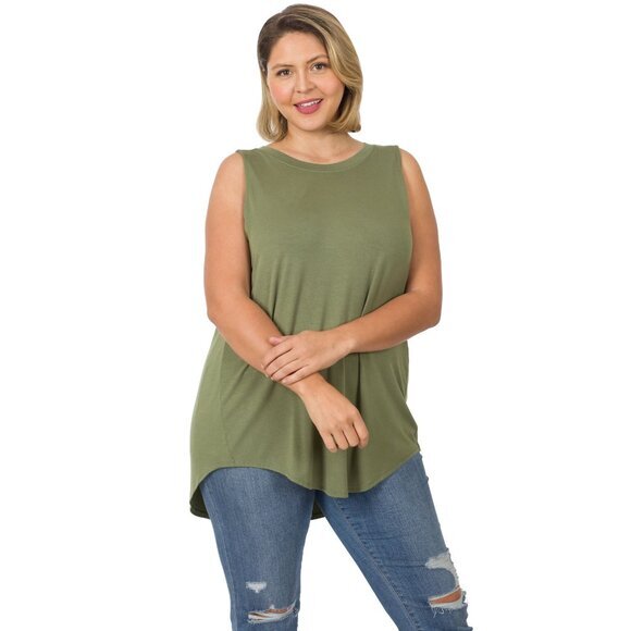 Zenana Plus‎ Size Luxe Rayon Sleeveless Hi-Low Hem Tank Top Olive Size 2X - Picture 1 of 3